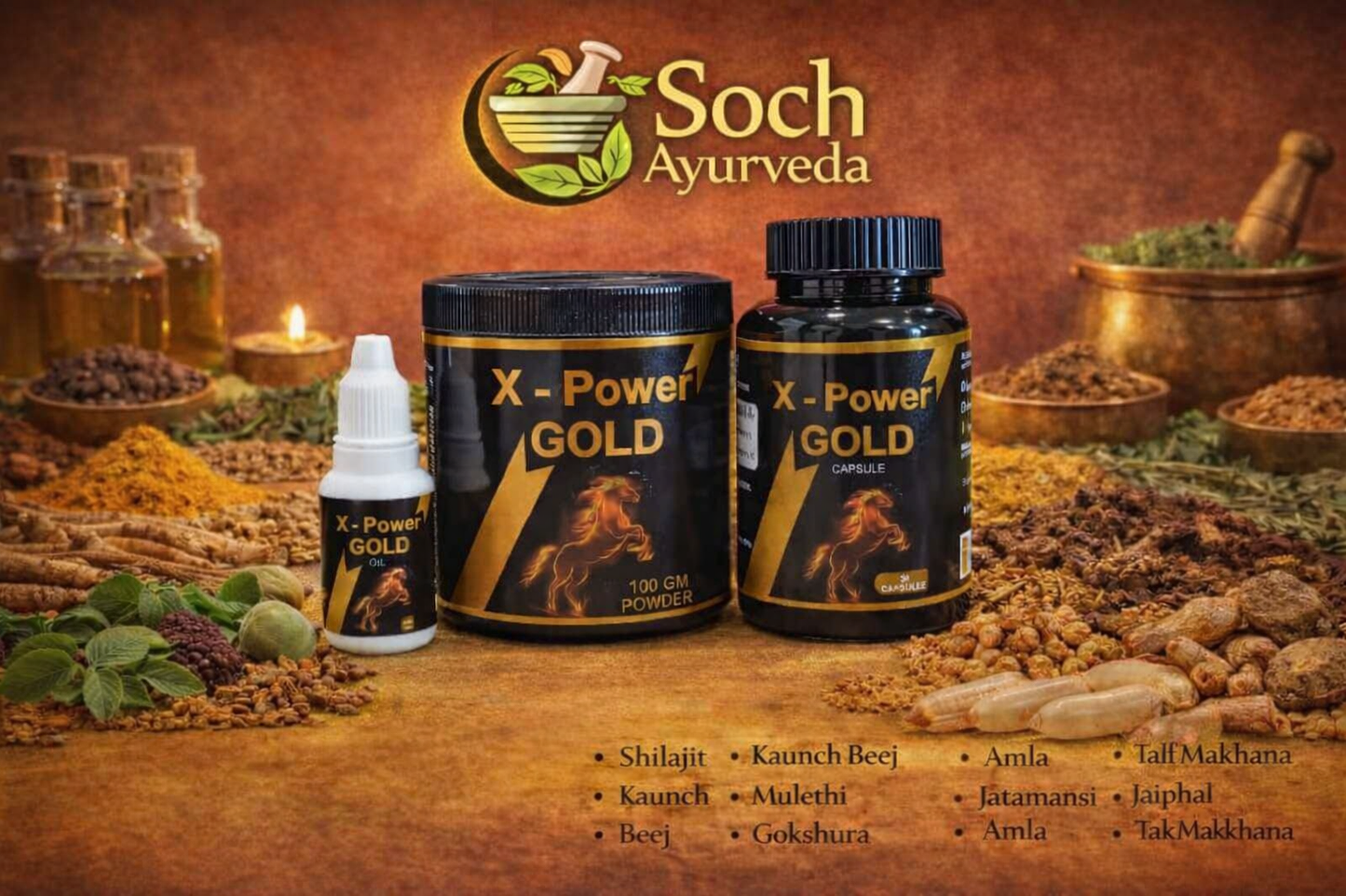 X-Power Gold Ayurvedic Combo (Oil + Powder + Capsules)